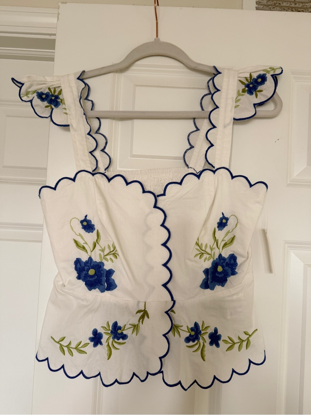 Anthropologie White Eyelet Tank with Blue Floral Embroidery